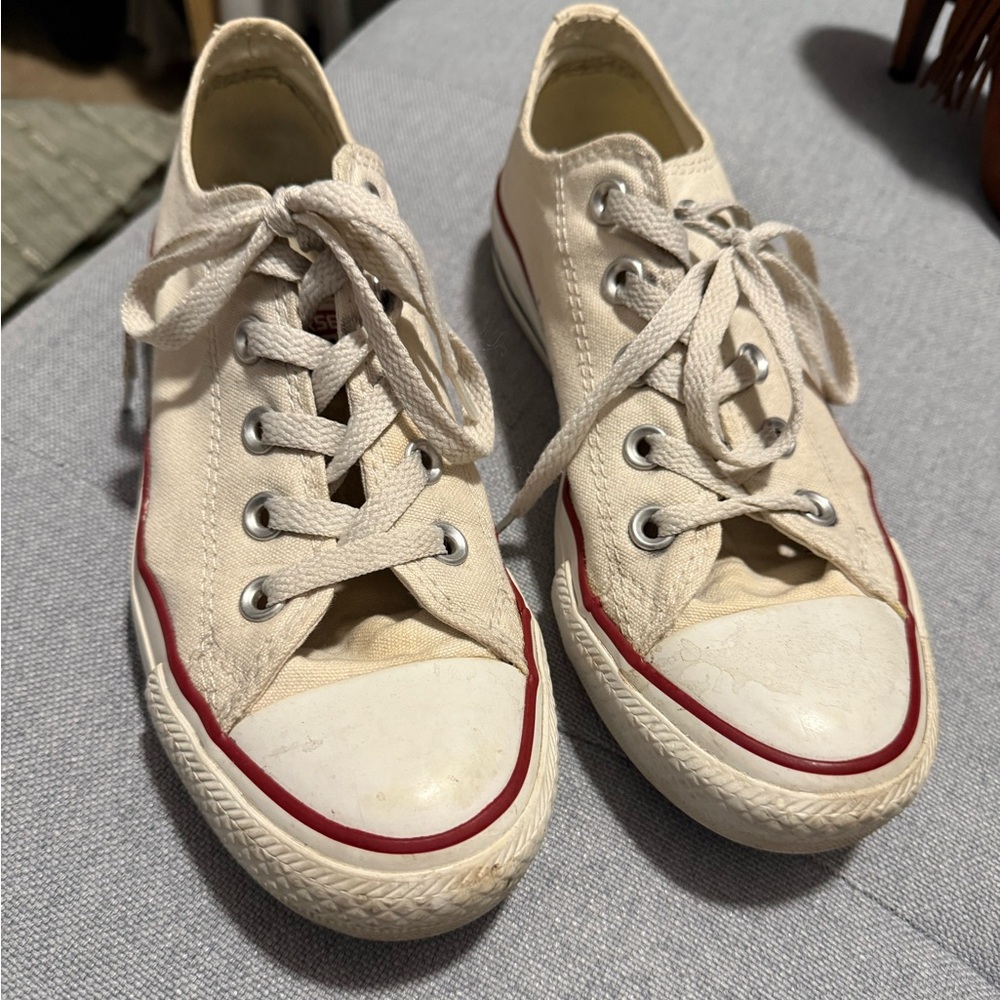 Cream Canvas Sneakers with Red Trim